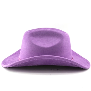 Detailed close-up of a lilac purple faux suede cowboy hat featuring a classic wide brim