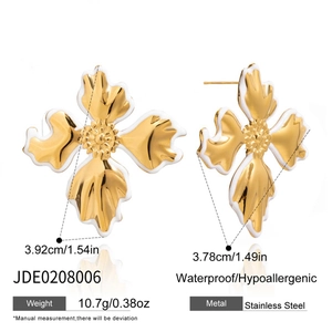 Detailed view of 18K gold stainless steel earrings with white enamel cross design
