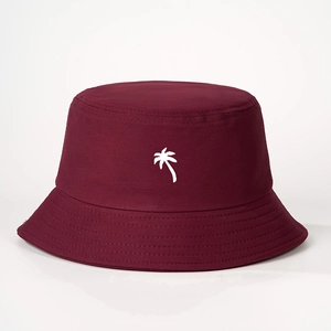 Classic wine red bucket hat with white palm tree embroidery on high-quality cotton fabric