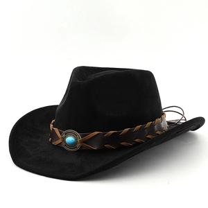 Classic black wool felt western cowboy hat with brown braided leather band and turquoise bead