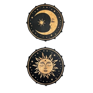 Boho celestial wooden sun and moon wall decor set with intricate carvings