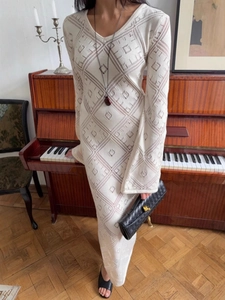 Vestito Lungo In Maglia Maniche Lunghe Scollo A V Jacquard Geometrico Aderente Elegante Da Donna