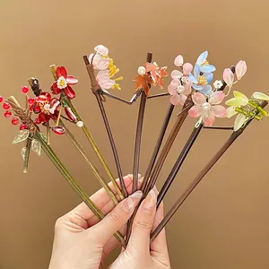 Chinese Style Vintage Flower Hair Stick Wood Alloy Hairpin Tassel Faux Artificial Pearl Elegant Retro Hair Accessories For Women