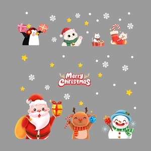 Detailed sheet of cartoon Santa, snowman, and reindeer window clings for Xmas decor
