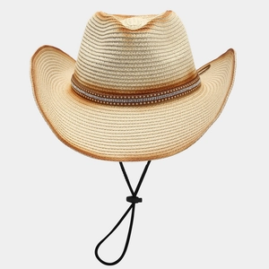 Western straw cowboy hat with rhinestone studded leather band and adjustable chin strap