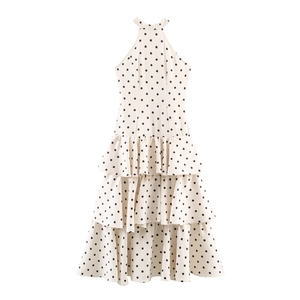 Robe Longue Dos Nu Sans Manches À Pois Sexy À Volants Étages Jupe Gâteau Polyester Dos Nu Élégante Pour Femmes