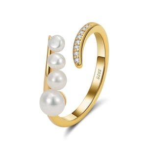 S925 sterling silver open ring with natural freshwater pearls and sparkling cubic zirconia