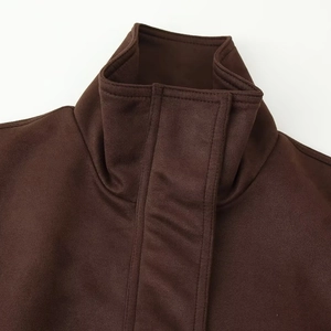Deep brown faux suede jacket with minimalist stand collar and detailed stitching