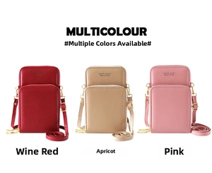 Three multi-color crossbody phone bags with double zipper pockets and adjustable straps