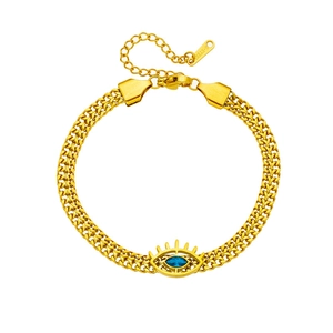 Gold stainless steel evil eye bracelet with blue marquise stone and wheat chain style