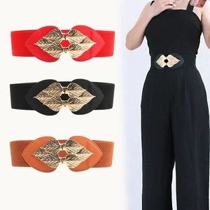 Women Elastic Waist Belt Gold Leaf Metal Buckle Stretch Cinch Waistband For Dresses PU Leather Retro Fashion Accessories