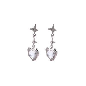 Silver star earrings with dark red heart-shaped zircon and chic dangling design