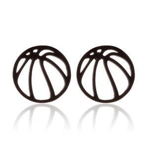 Macro shot of black hollow-out basketball stud earrings with reflective mirror effect