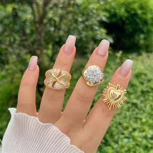 Adjustable Copper Rings For Women 18K Gold Plated Heart Flower X Cross Zircon Inlaid Vintage Elegant Jewelry