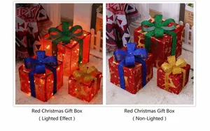 Three-piece red Christmas gift box set with LED lights and elk patterns shown in two lighting modes