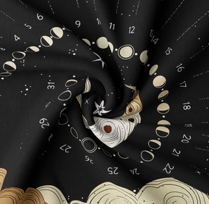 Detailed close-up of celestial moon phase calendar printed on premium black fabric tapestry