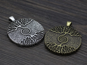Detail of Viking Yggdrasil pendants in antique silver and bronze on wood background