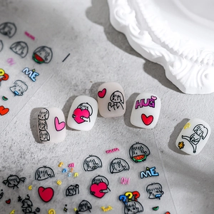 Japanese style cute cartoon girl nail art stickers with red hearts and English words