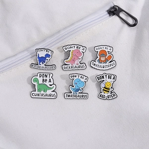 Set of 6 cute enamel dinosaur pins with colorful humorous quotes on white fabric bag