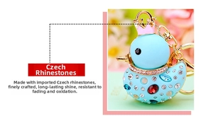 Detail of blue rhinestone duck keychain with gold plating and sparkling crown