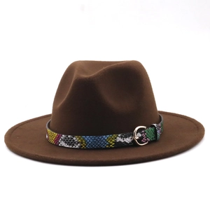 Brown wool fedora featuring a colorful snakeskin pattern band and golden metal buckle detail