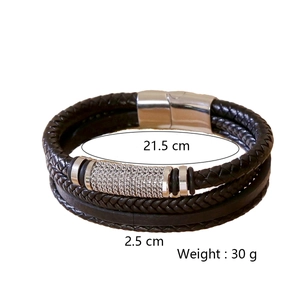 Men's multilayer braided leather bracelet with stainless magnetic clasp and crystal pendant