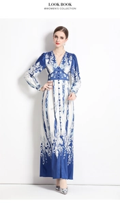 Close-up of a blue and white floral vintage dress with deep V-neck and button detailing