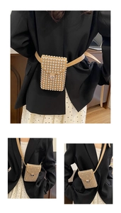 Detail of khaki rhinestone crossbody belt bag showing versatile styling on female model