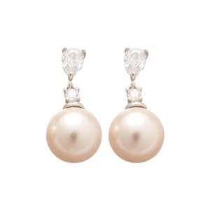 Eleganti orecchini a goccia con zirconi a trapezio e perle lucide color champagne