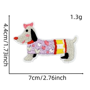 Detailed view of cartoon puppy embroidery patch with dimensions 7x4.4cm and heart patterns