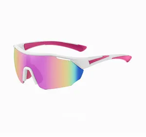 Close-up of white polarized sports sunglasses with colorful iridescent mirror lenses