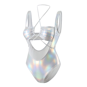 Detail of holographic silver swimsuit with metallic cut-out design and gathered bust texture