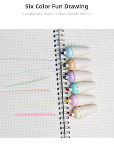Detail of six-color mini highlighters showing vibrant ink strokes on a grid notebook