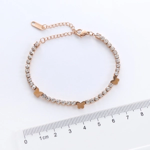 Rose gold stainless steel butterfly bracelet with sparkling crystals and lobster clasp
