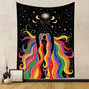 Bohemian Wall Tapestry Mystical Goddess Moon Phase Astrology Polyester Aesthetic Hanging Background Cloth Home Decor