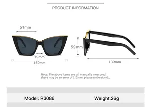Detailed size chart for oversized cat-eye sunglasses with fashion V-frame dimensions