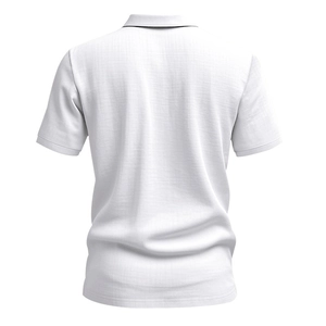 Detailed back view of white linen polo shirt showing breathable knit fabric texture