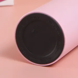 Macro shot of the black anti-slip bottom base on the pink stainless steel vacuum flask