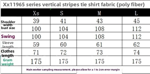 Size chart for women's striped tie-neck shirt showing shoulder, chest, and sleeve measurements
