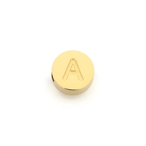 Gold stainless steel round alphabet charm with engraved letter A for DIY jewelry making