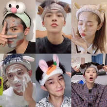 Multiple views of soft plush cartoon headbands for skincare and facial washing