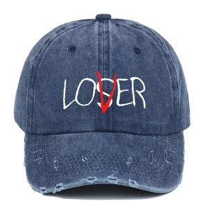 Distressed navy denim baseball cap featuring creative LOSER LOVER embroidery design