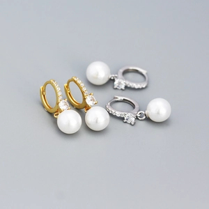 925 Sterling Silver Artificial Pearl Hoop Earrings With Cubic Zirconia Pave Dangle Drop Elegant Jewelry For Women