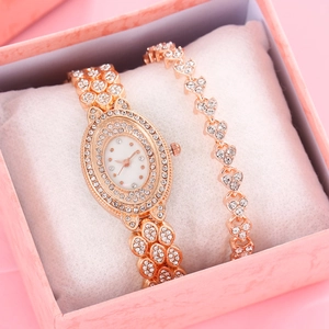 Elegant Alloy Rhinestone Women Watch Bracelet Set Stainless Steel Buckle Oval Quartz Wristwatch Luxury Lady Gift Box Set