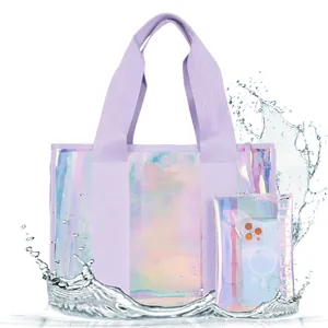 Iridescent PVC Tote Bag And Pouch Women Waterproof Laser Beach Handbag Large Capacity Clear Holographic Purple Summer