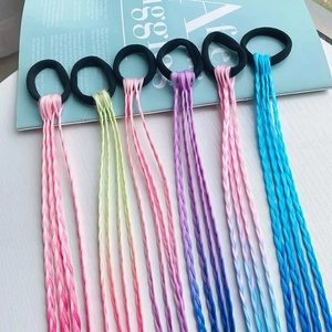 Detail of 6 gradient colorful braided ponytail extensions on black hair elastics