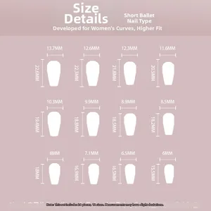 Detailed size chart for short coffin press-on nails featuring 12 sizes and measurements