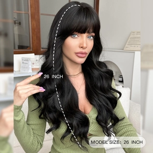 26-inch natural black wavy wig with bangs shown on a model in a lifestyle setting