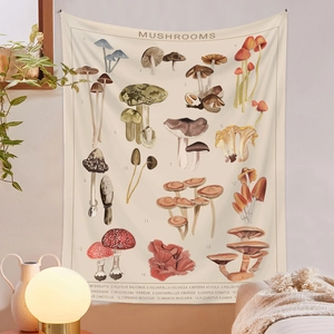 Detail of vintage mushroom tapestry with botanical names and warm ambient lighting