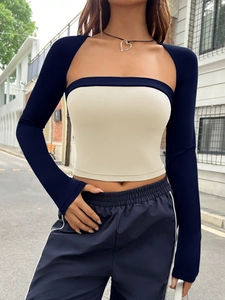 Haut Court Boléro À Manches Longues Et Camisole Pour Femmes Patchwork Color Block Coupe Slim Épaules Dénudées